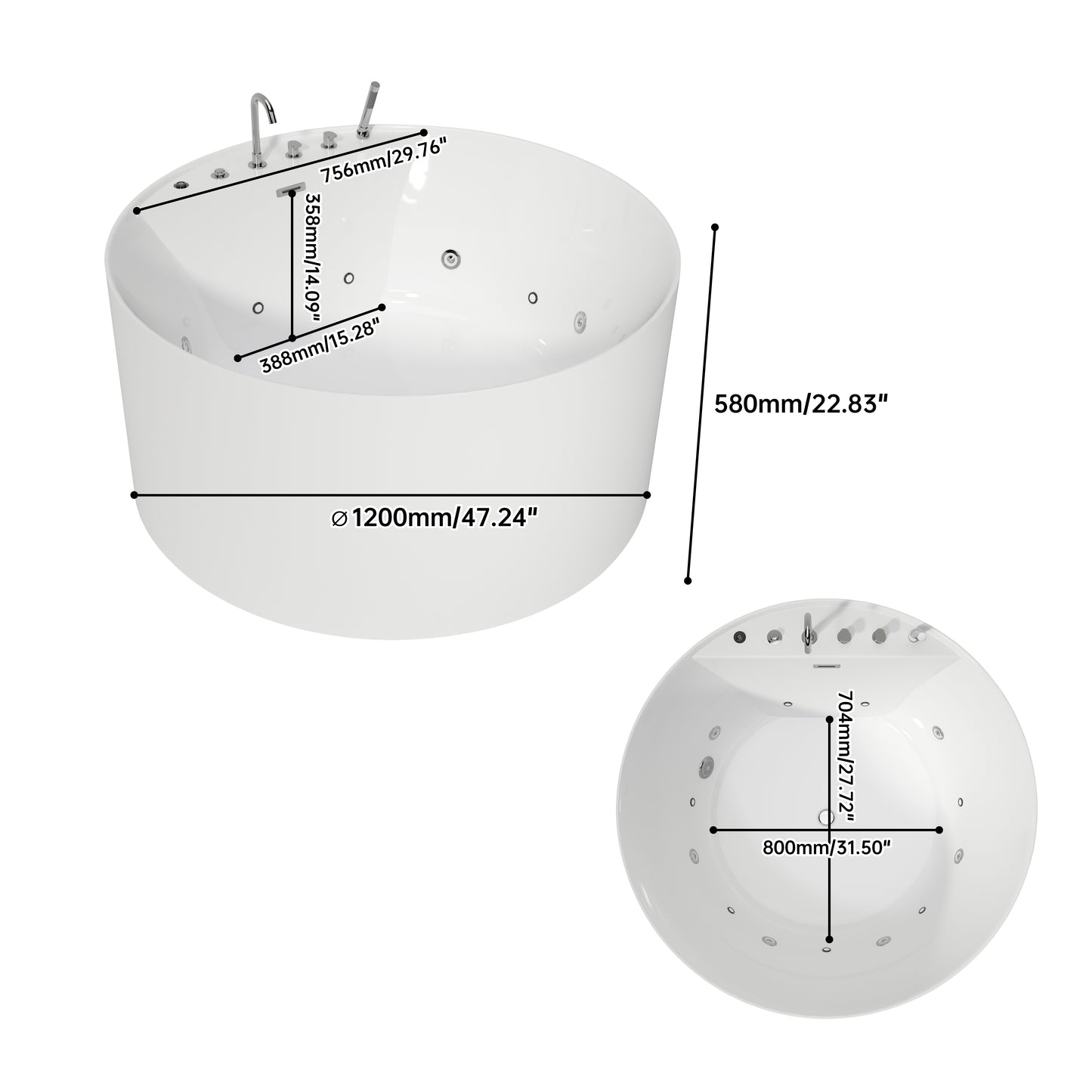 Medunjess 47" Compact Massage Bathtub with Whirlpool Jets for Small Bathrooms