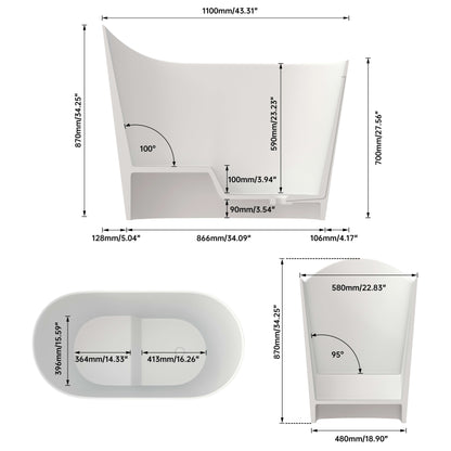 Medunjess 43''Artificial stone freestanding bathtub with seat (matte white)