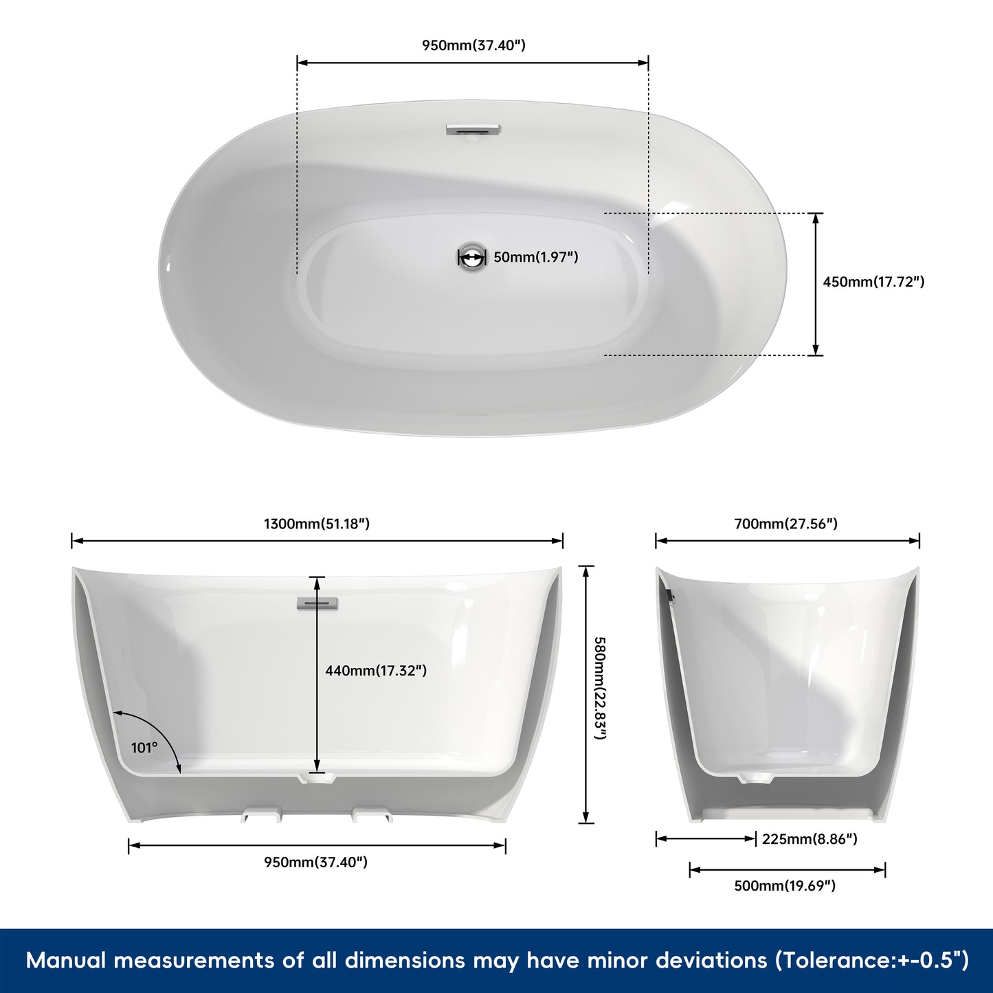 Medunjess 51'' Nimbus Freestanding Tub Deep Soaking Acrylic Bathtub
