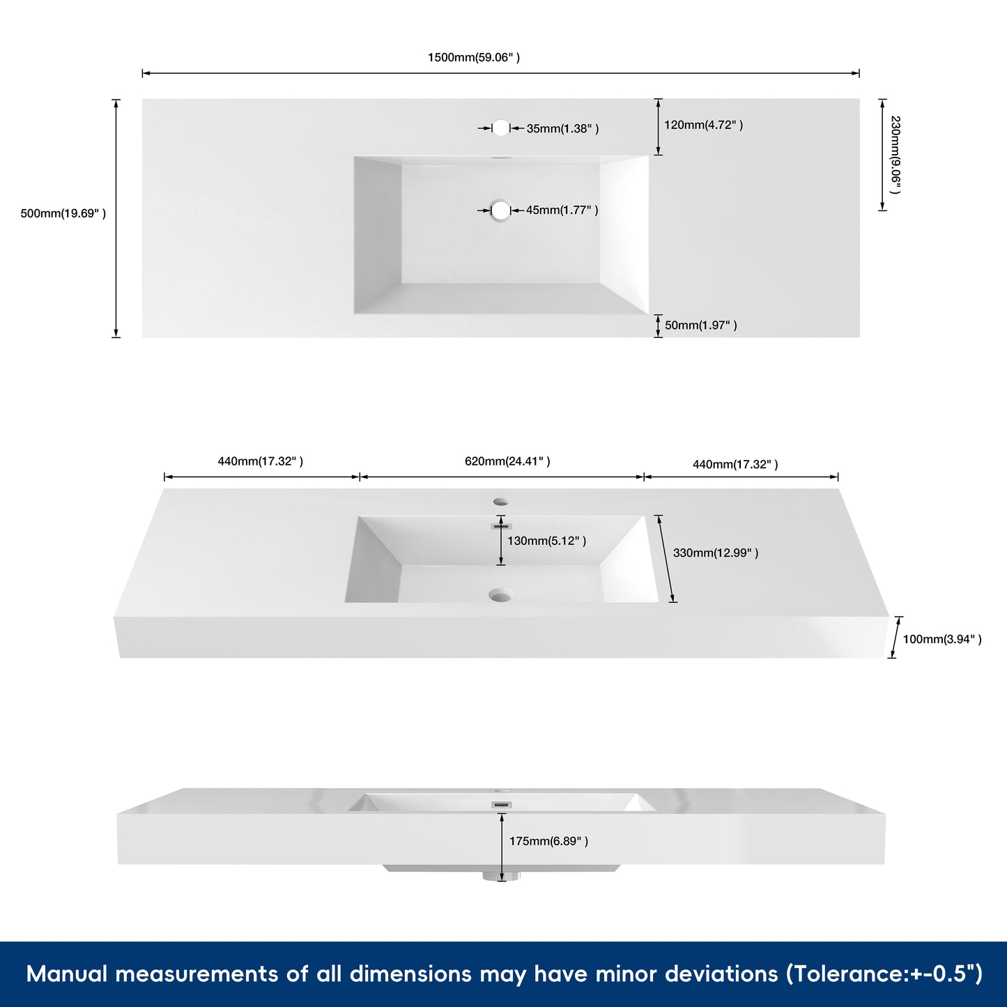 Medunjess 59" SMC Wall-Hung Bathroom Sink Precision Molded Single Basin