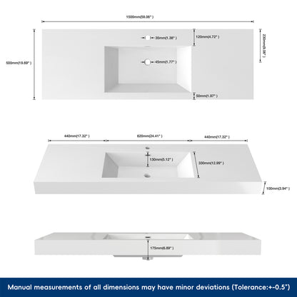 Medunjess 59" SMC Wall-Hung Bathroom Sink Precision Molded Single Basin