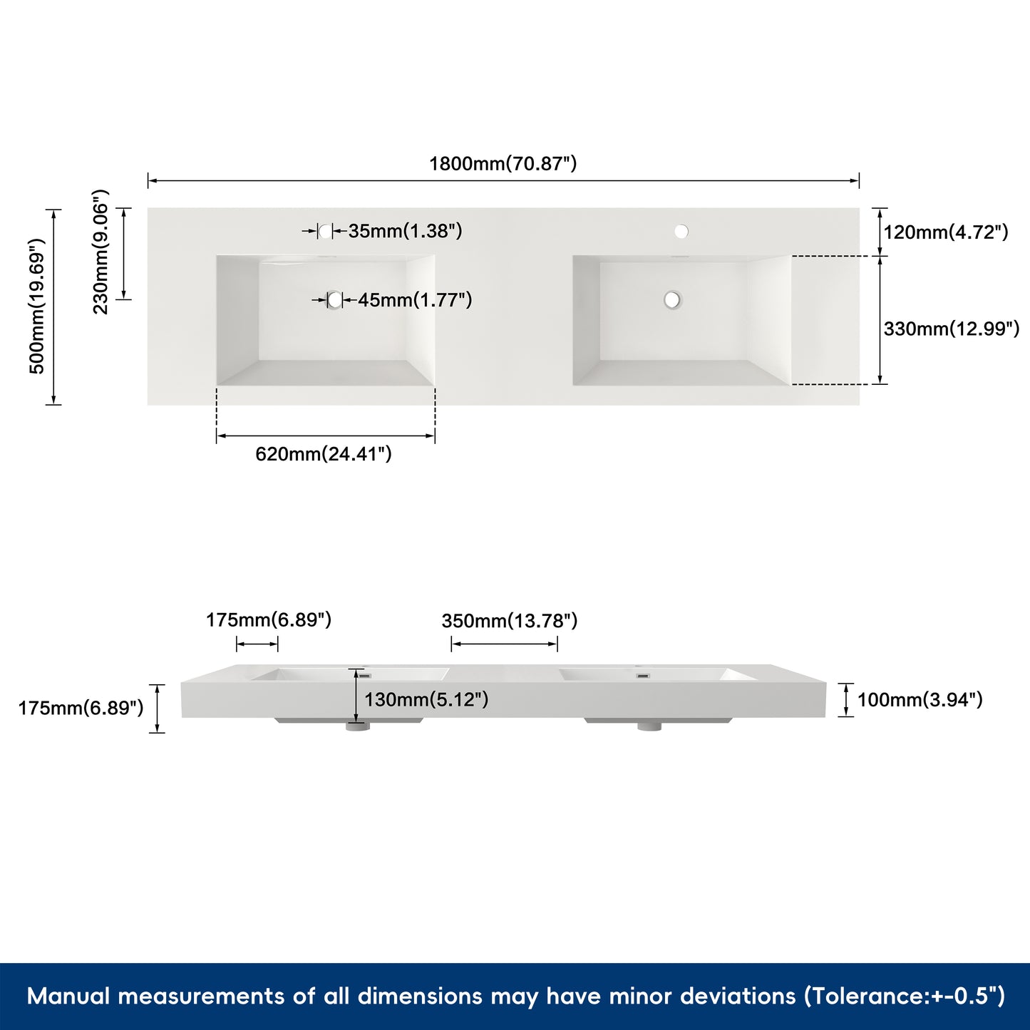 Medunjess 71" White SMC Wall-Hung Double Bathroom Sink