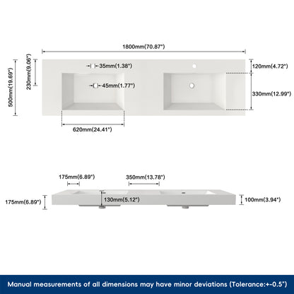 Medunjess 71" White SMC Wall-Hung Double Bathroom Sink