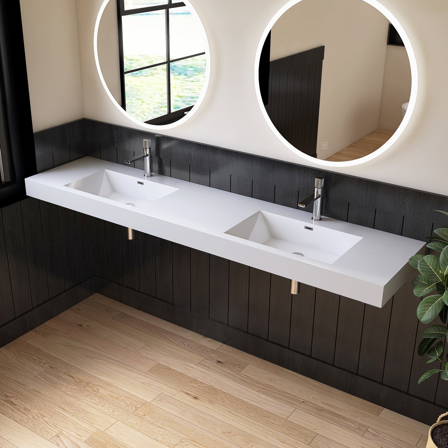 Medunjess 84" White Precision Molded SMC Wall-Hung Double Bathroom Sink