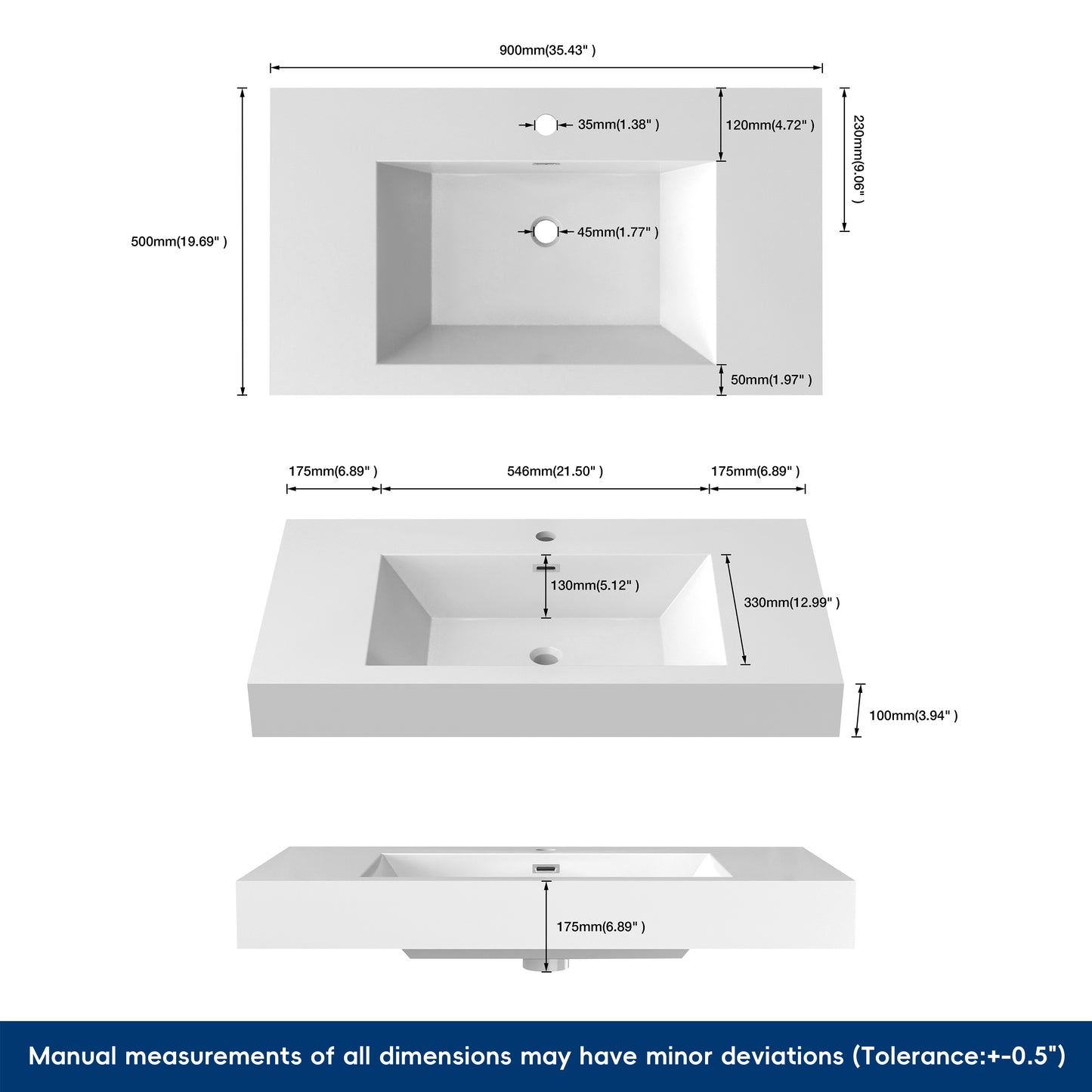 Medunjess 35" Precision Molded SMC Wall-Hung Bathroom Sink Single Basin