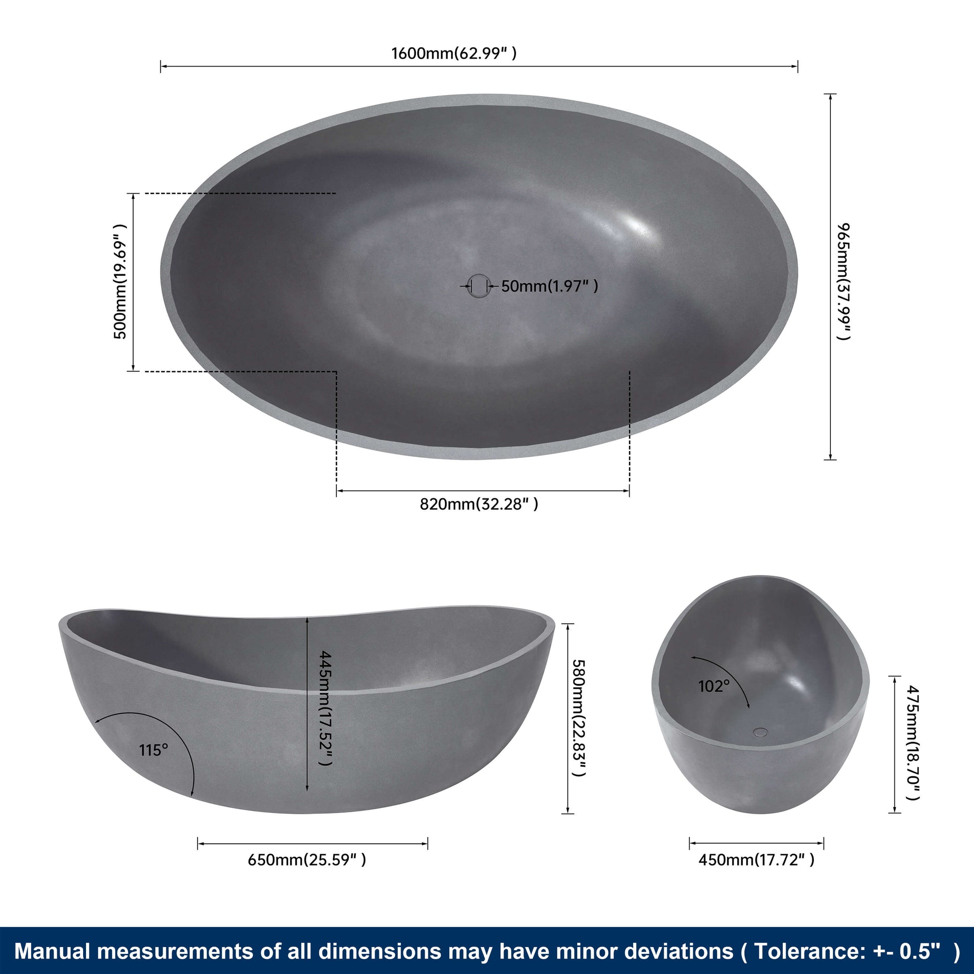Gray ceramic basin with dimensions labeled on a white background