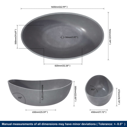 Gray ceramic basin with dimensions labeled on a white background