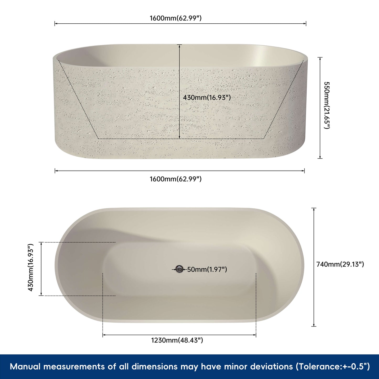 Medunjess 63'' Morae Freestanding Bathtub Solid Surface Stone