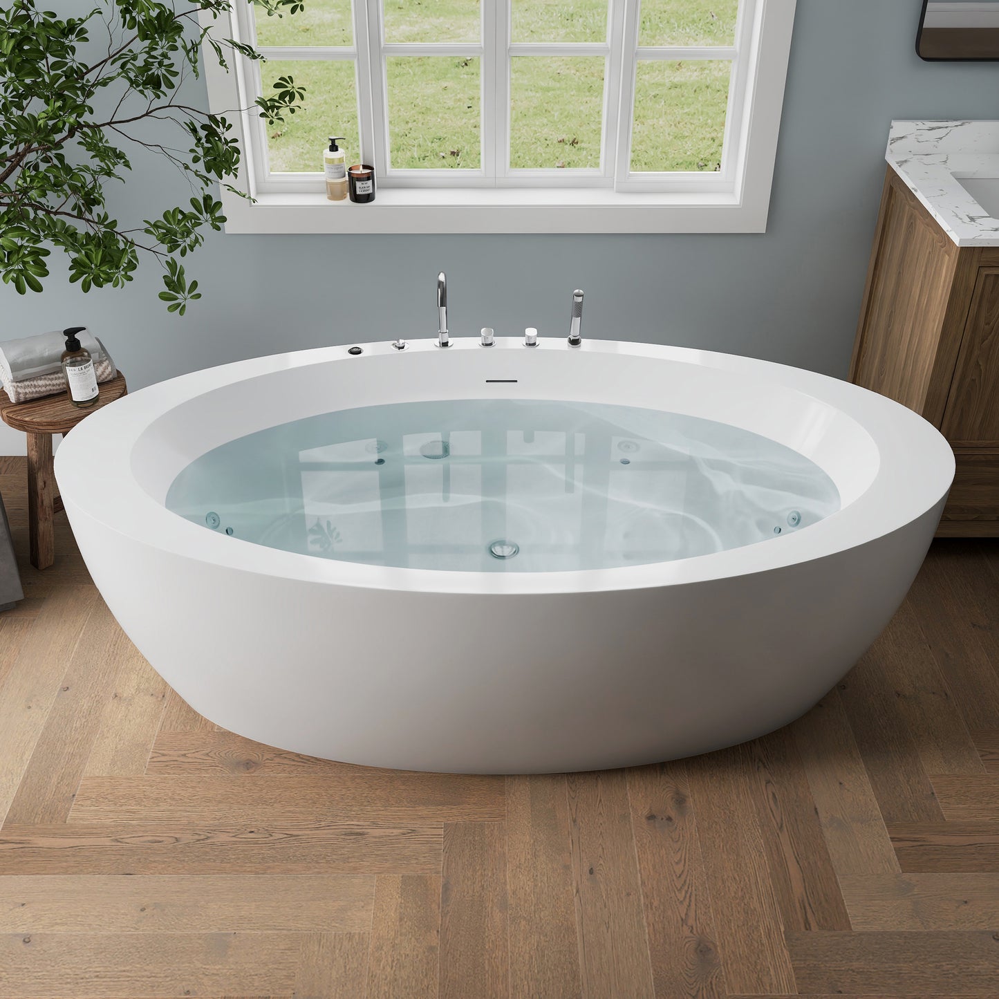 Medunjess 71'' Aura Freestanding acrylic massage bathtub，6-nozzle massage