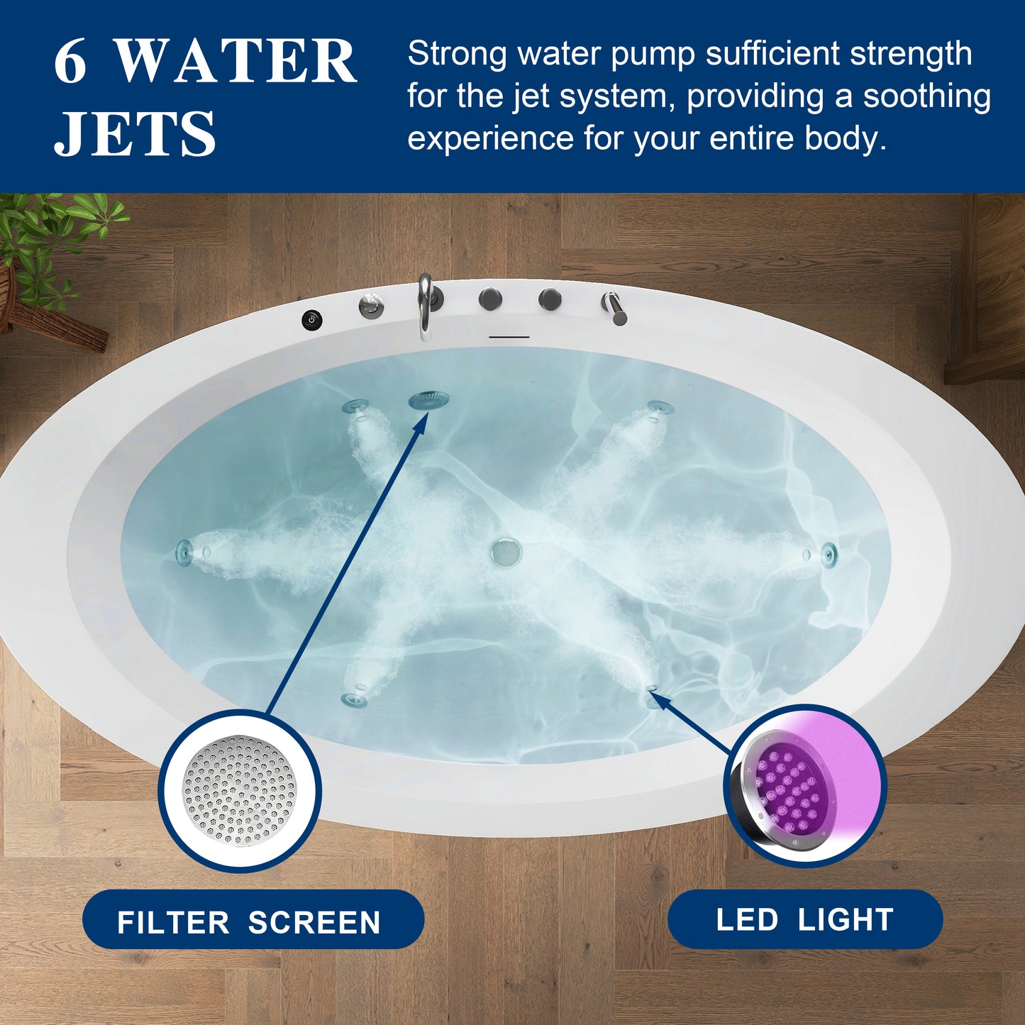 Medunjess 71'' Aura Freestanding acrylic massage bathtub，6-nozzle massage