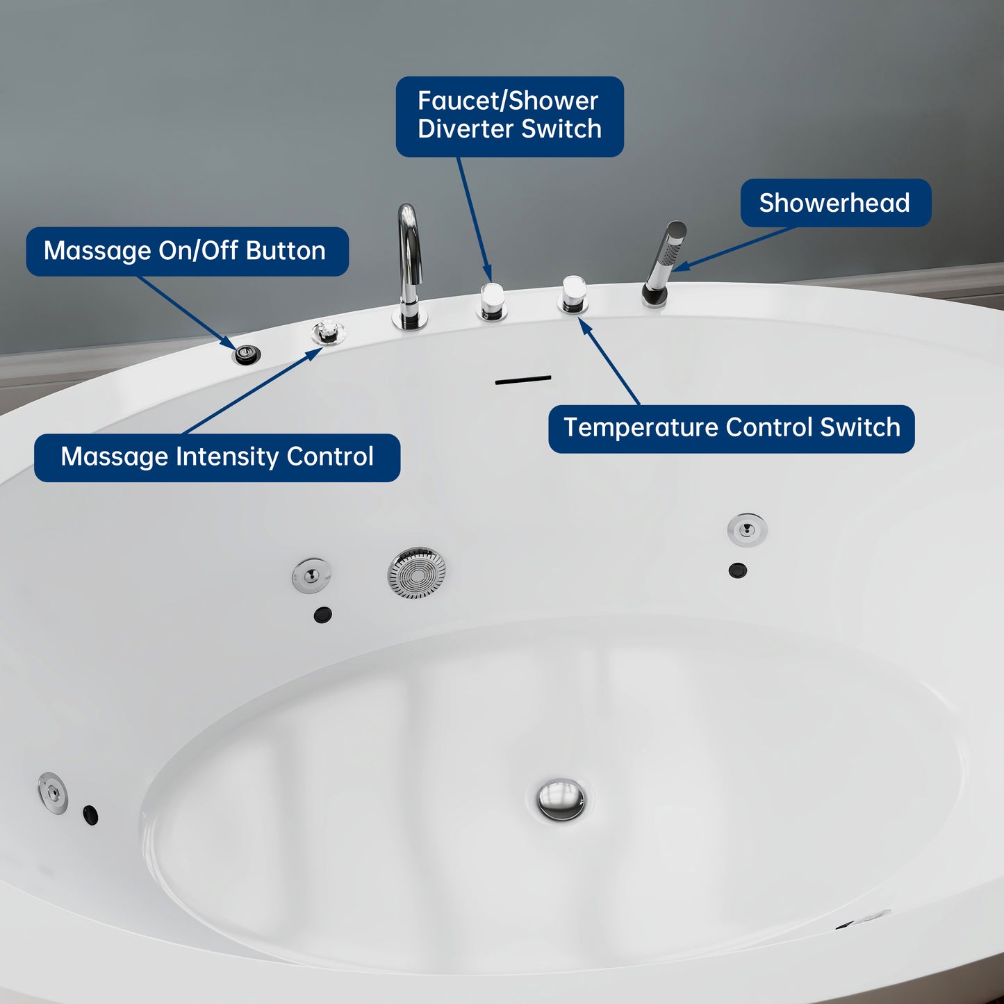 Medunjess 71'' Aura Freestanding acrylic massage bathtub，6-nozzle massage