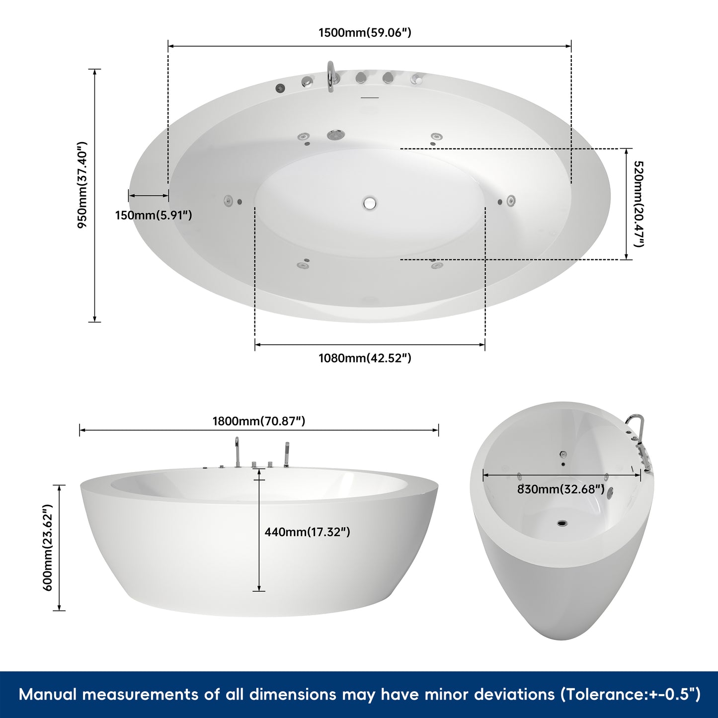 Medunjess 71'' Aura Freestanding acrylic massage bathtub，6-nozzle massage