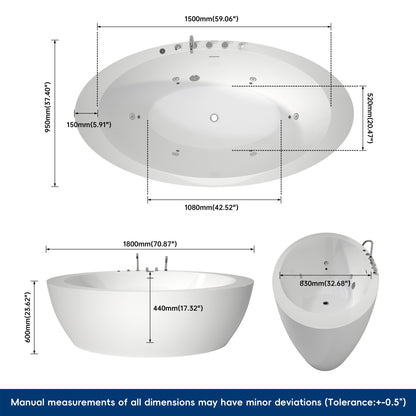 Medunjess 71'' Aura Freestanding acrylic massage bathtub，6-nozzle massage