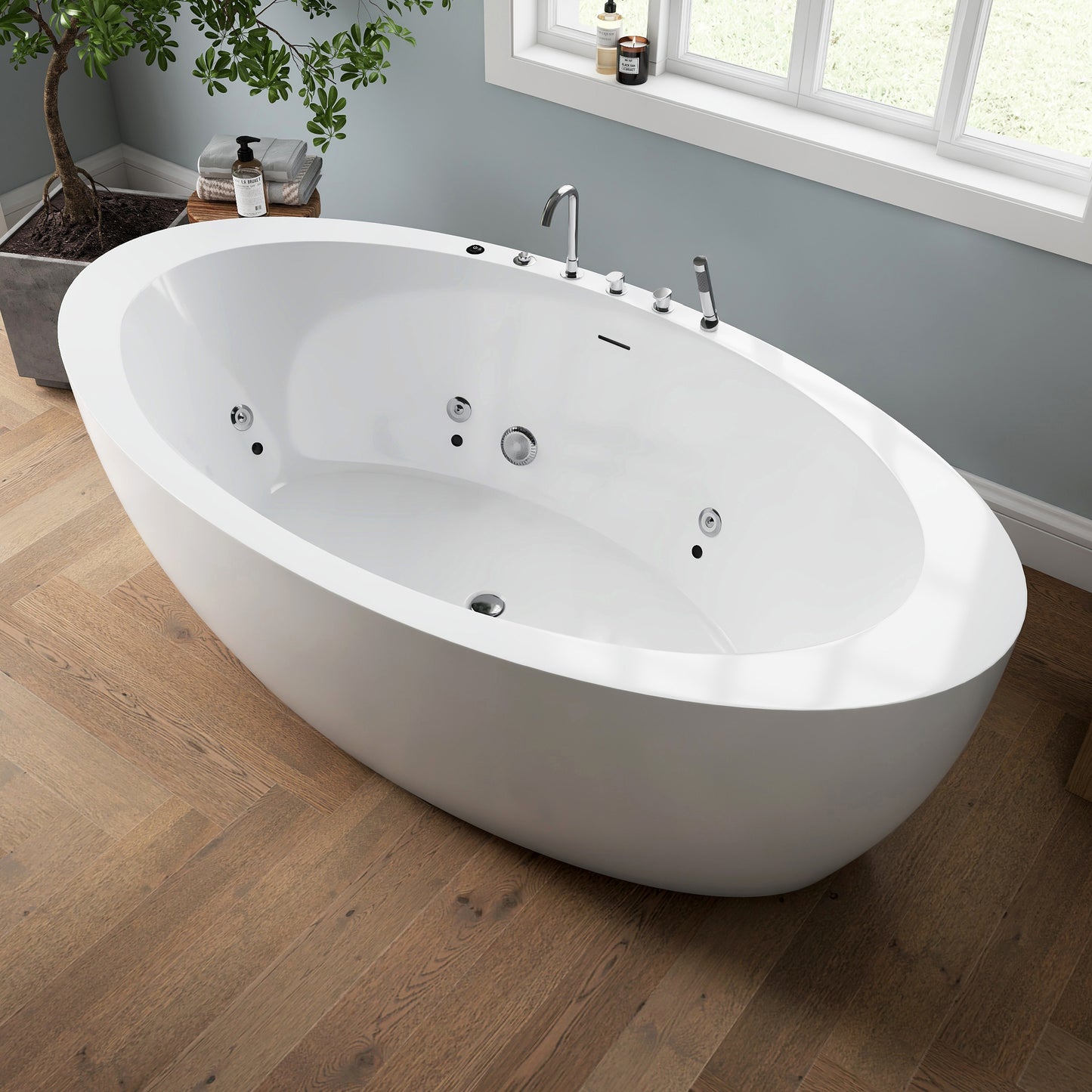 Medunjess 71'' Aura Freestanding acrylic massage bathtub，6-nozzle massage