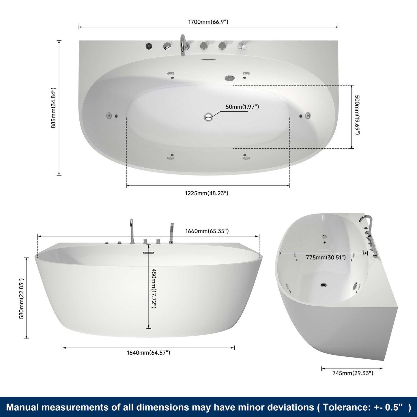 Medunjess 67” Element Freestanding acrylic massage bathtub，6-nozzle massage