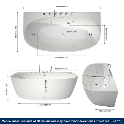 Medunjess 67” Element Freestanding acrylic massage bathtub，6-nozzle massage