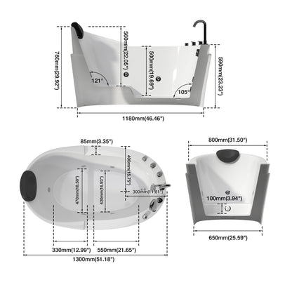Medunjess 51" Modern Freestanding Whirlpool Tub with Hydrotherapy Jets & Pillow