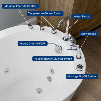 Medunjess 51'' Gleam Freestanding acrylic massage bathtub，6-nozzle massage