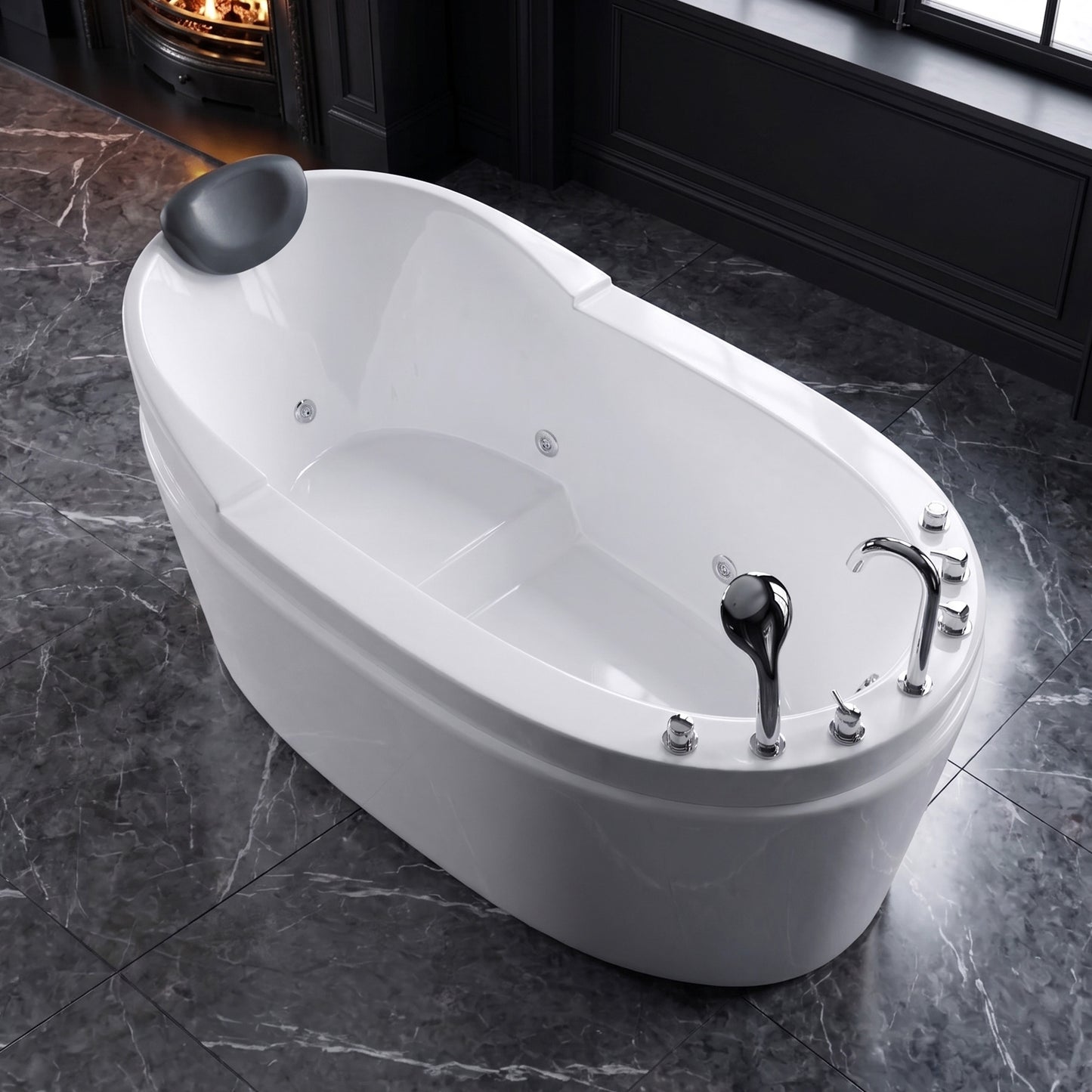 Medunjess 59" Acrylic Whirlpool Massage Bathtub with 6 Water Jets, Air Switch, Deck-Mounted 4-Piece Faucet Set, 7-Color LED Light
