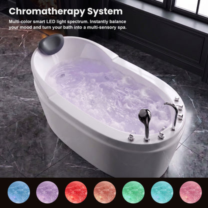 Medunjess 59" Acrylic Whirlpool Massage Bathtub with 6 Water Jets, Air Switch, Deck-Mounted 4-Piece Faucet Set, 7-Color LED Light