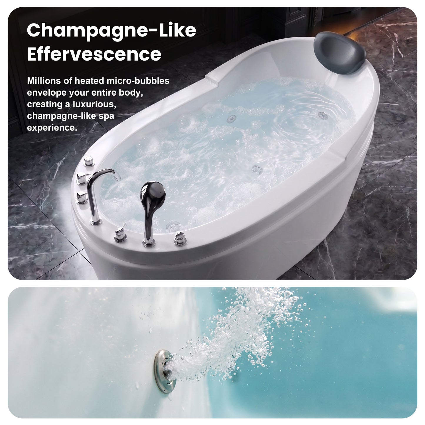 Medunjess 59" Acrylic Whirlpool Massage Bathtub with 6 Water Jets, Air Switch, Deck-Mounted 4-Piece Faucet Set, 7-Color LED Light