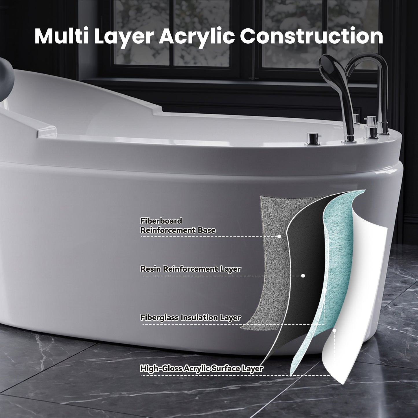 Medunjess 59" Acrylic Whirlpool Massage Bathtub with 6 Water Jets, Air Switch, Deck-Mounted 4-Piece Faucet Set, 7-Color LED Light