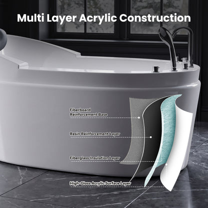Medunjess 59" Acrylic Whirlpool Massage Bathtub with 6 Water Jets, Air Switch, Deck-Mounted 4-Piece Faucet Set, 7-Color LED Light