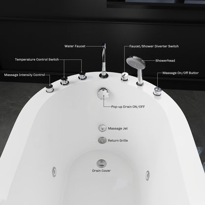 Medunjess 59" Acrylic Whirlpool Massage Bathtub with 6 Water Jets, Air Switch, Deck-Mounted 4-Piece Faucet Set, 7-Color LED Light