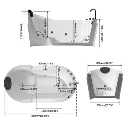 Medunjess 59" Acrylic Whirlpool Massage Bathtub with 6 Water Jets, Air Switch, Deck-Mounted 4-Piece Faucet Set, 7-Color LED Light