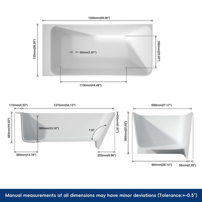Medunjess 59'' Statura Freestanding Bathtub Solid Surface Stone