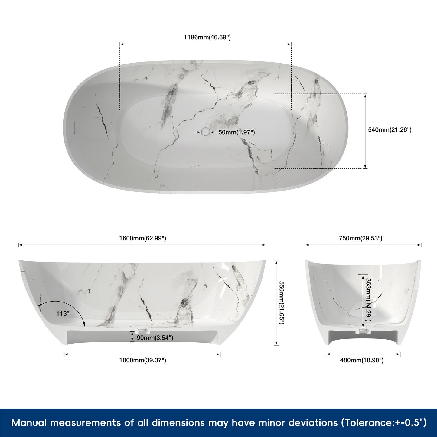 Medunjess 63'' White Marble Vein Solid Surface Stone Soaking Freestanding Bathtub
