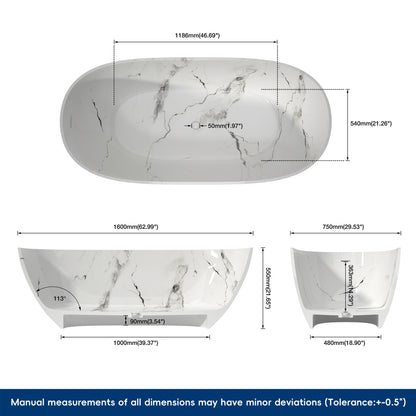 Medunjess 63'' White Marble Vein Solid Surface Stone Soaking Freestanding Bathtub
