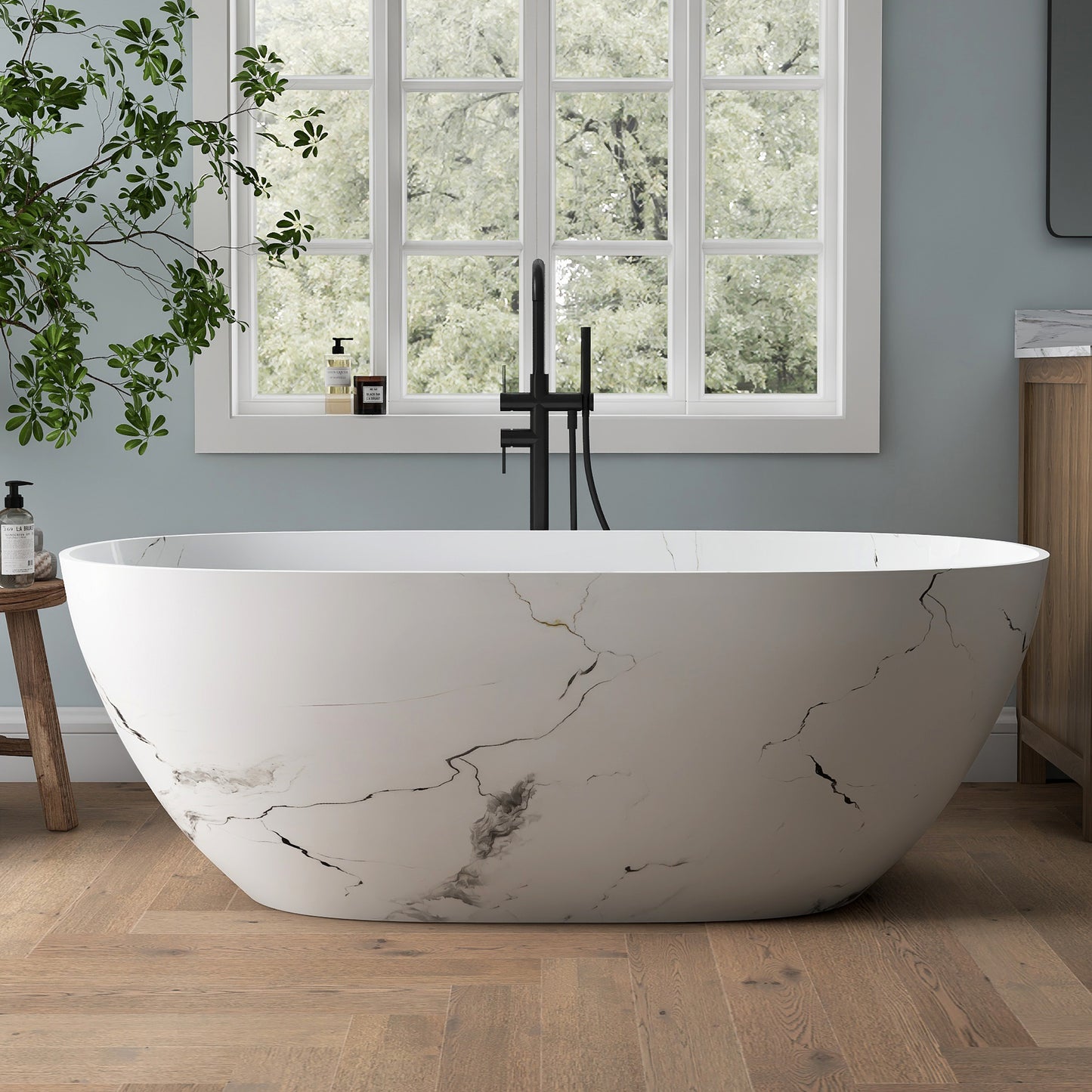 Medunjess 63'' White Marble Vein Solid Surface Stone Soaking Freestanding Bathtub