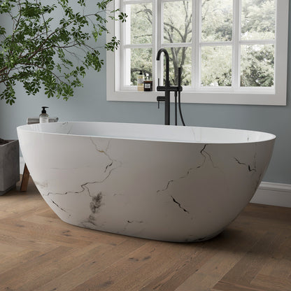 Medunjess 63'' White Marble Vein Solid Surface Stone Soaking Freestanding Bathtub