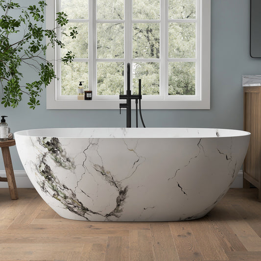 Medunjess 63'' White Marble Vein Solid Surface Stone Soaking Freestanding Bathtub