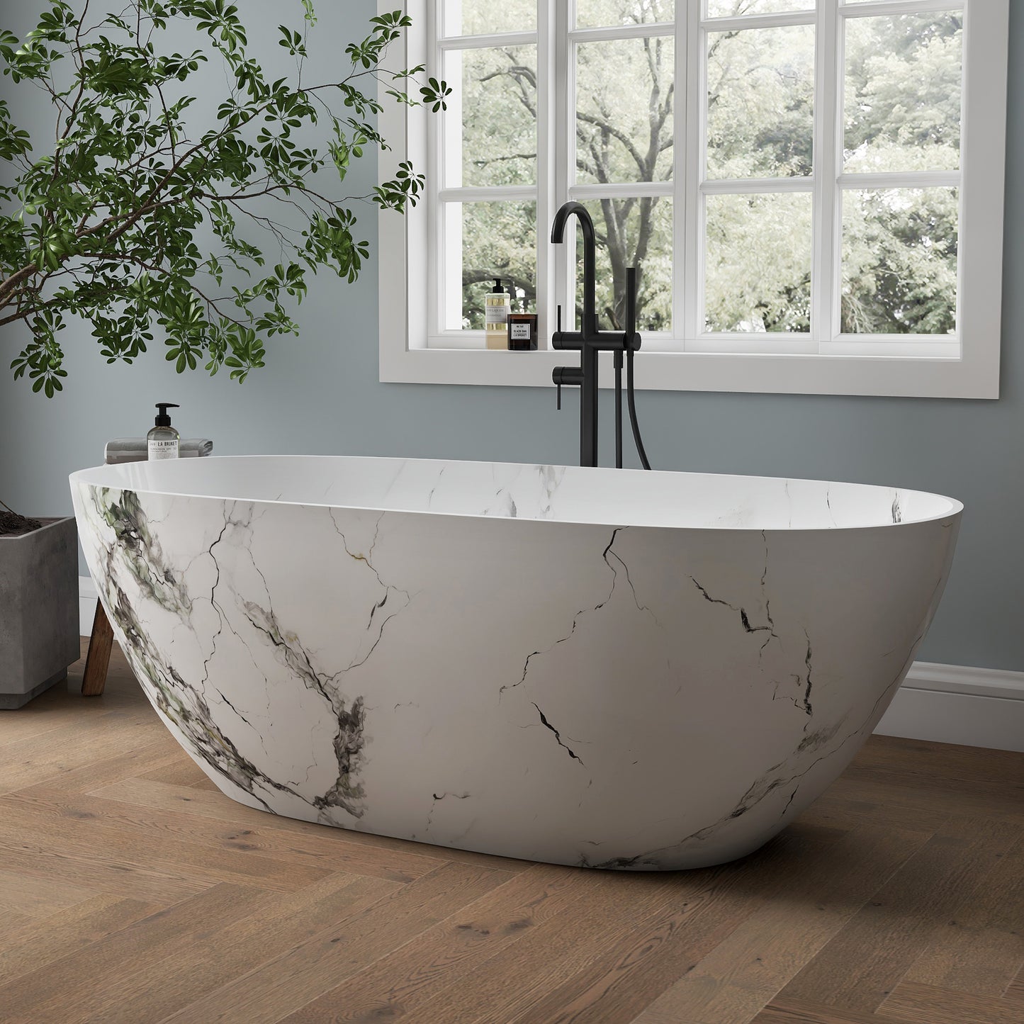 Medunjess 63'' White Marble Vein Solid Surface Stone Soaking Freestanding Bathtub