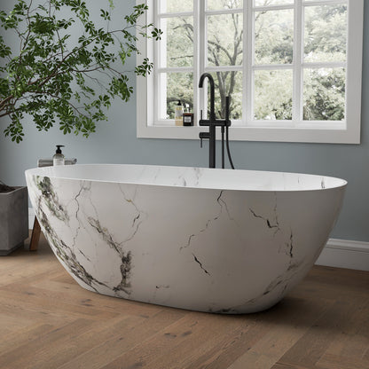Medunjess 63'' White Marble Vein Solid Surface Stone Soaking Freestanding Bathtub