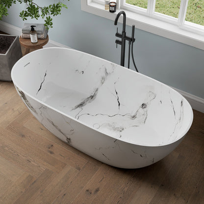 Medunjess 63'' White Marble Vein Solid Surface Stone Soaking Freestanding Bathtub