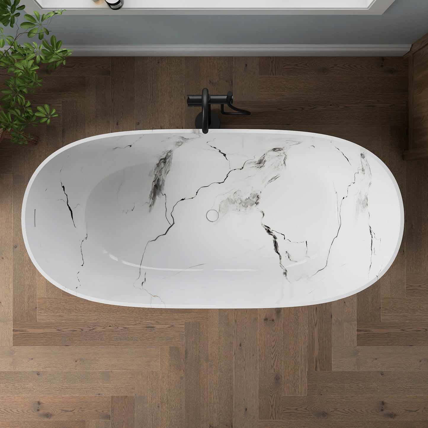 Medunjess 63'' White Marble Vein Solid Surface Stone Soaking Freestanding Bathtub