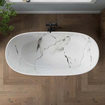 Medunjess 63'' White Marble Vein Solid Surface Stone Soaking Freestanding Bathtub