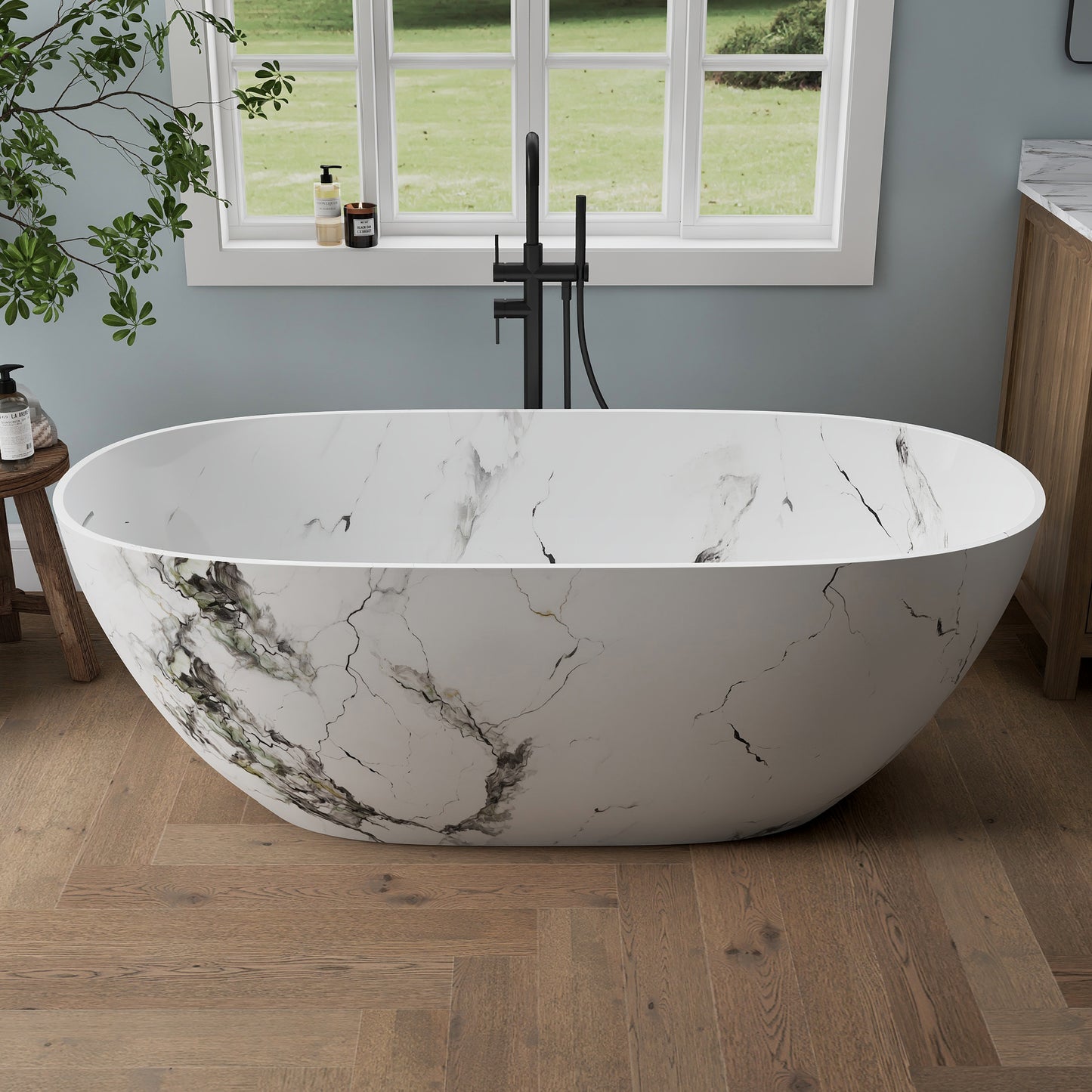 Medunjess 63'' White Marble Vein Solid Surface Stone Soaking Freestanding Bathtub