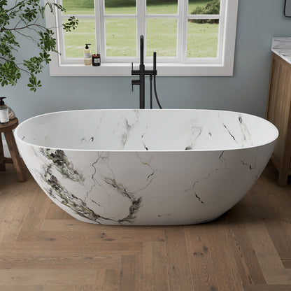 Medunjess 63'' White Marble Vein Solid Surface Stone Soaking Freestanding Bathtub