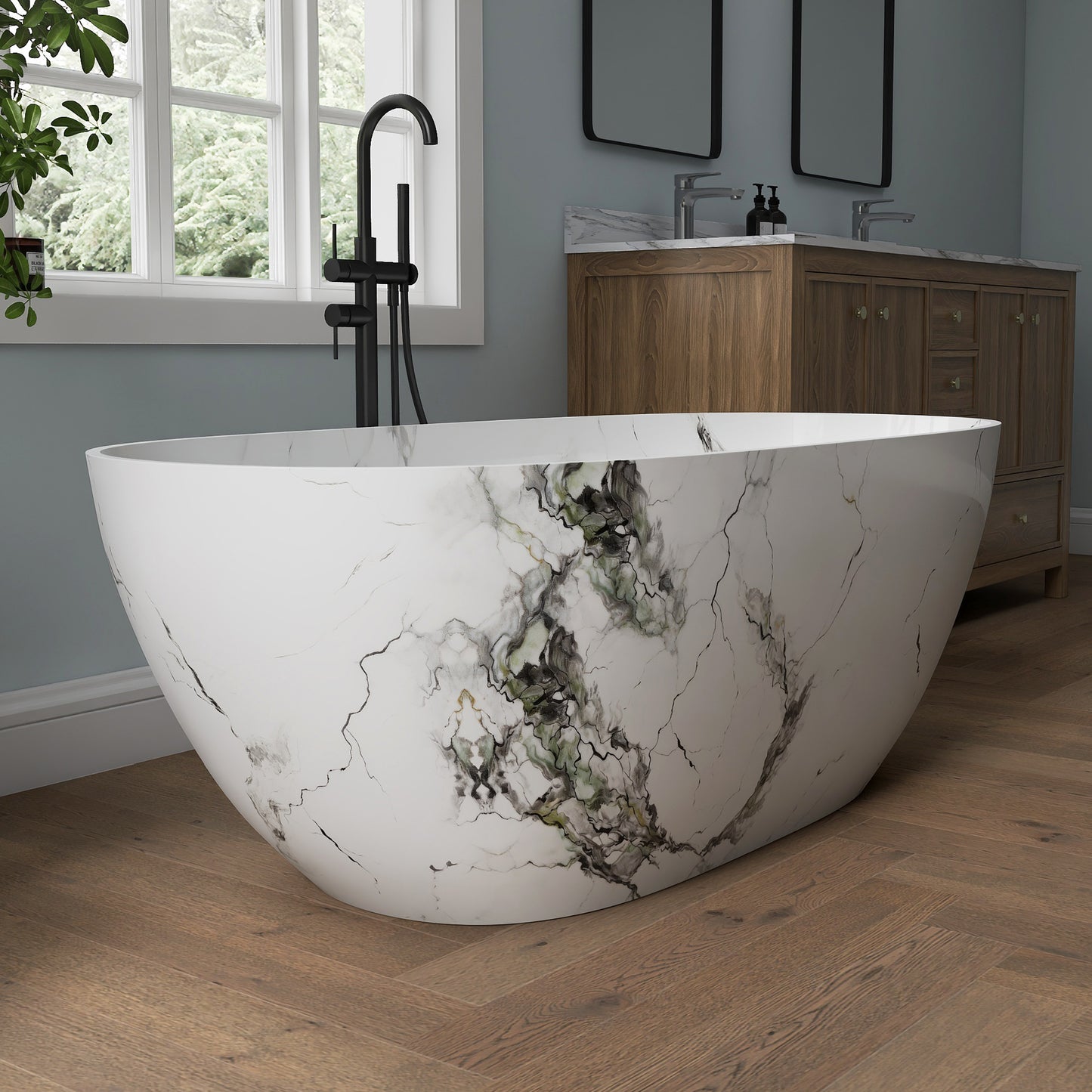 Medunjess 63'' White Marble Vein Solid Surface Stone Soaking Freestanding Bathtub