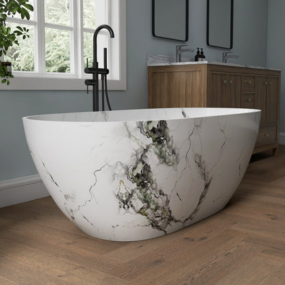 Medunjess 63'' White Marble Vein Solid Surface Stone Soaking Freestanding Bathtub