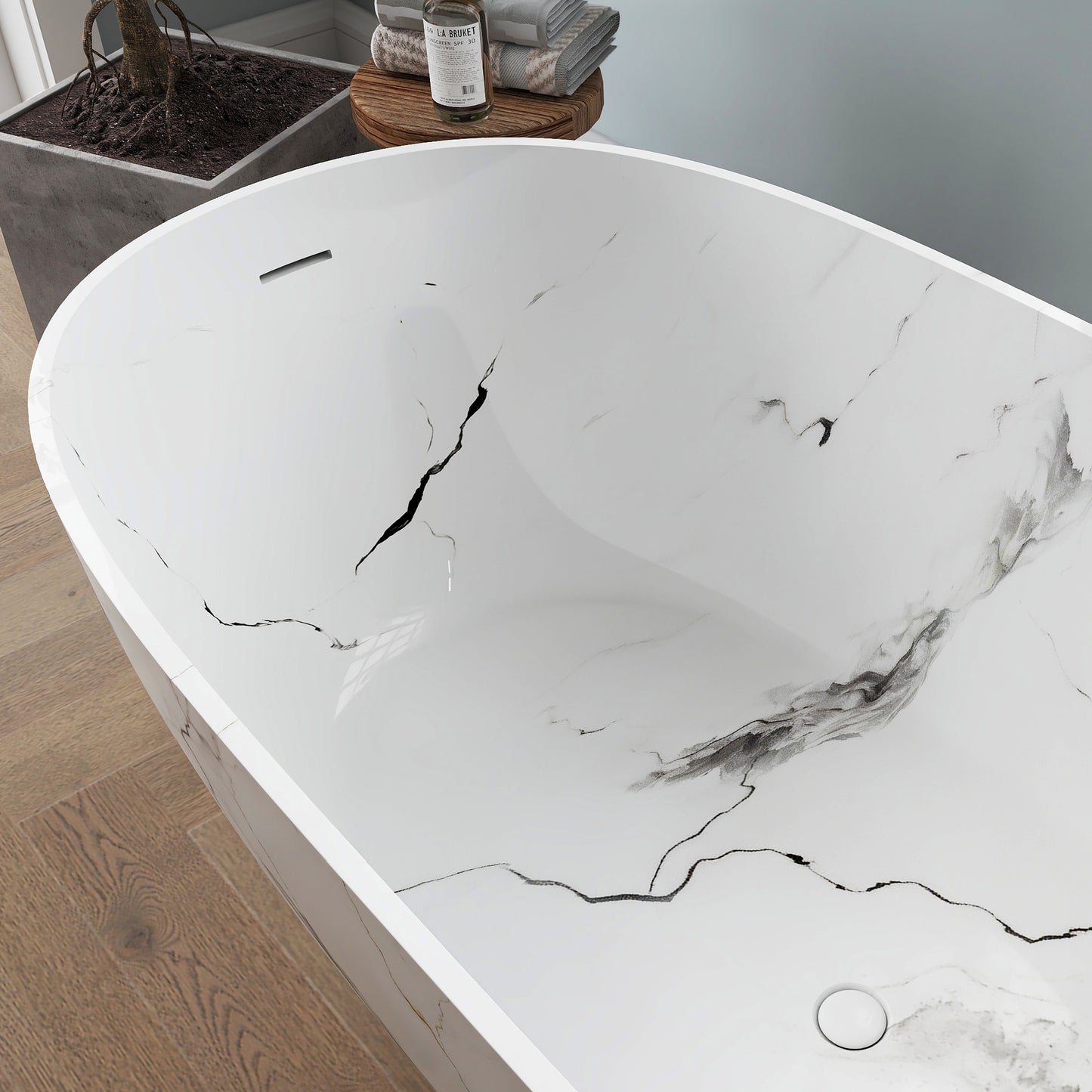Medunjess 63'' White Marble Vein Solid Surface Stone Soaking Freestanding Bathtub