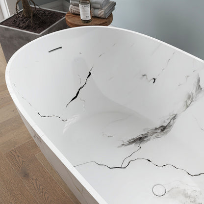 Medunjess 63'' White Marble Vein Solid Surface Stone Soaking Freestanding Bathtub