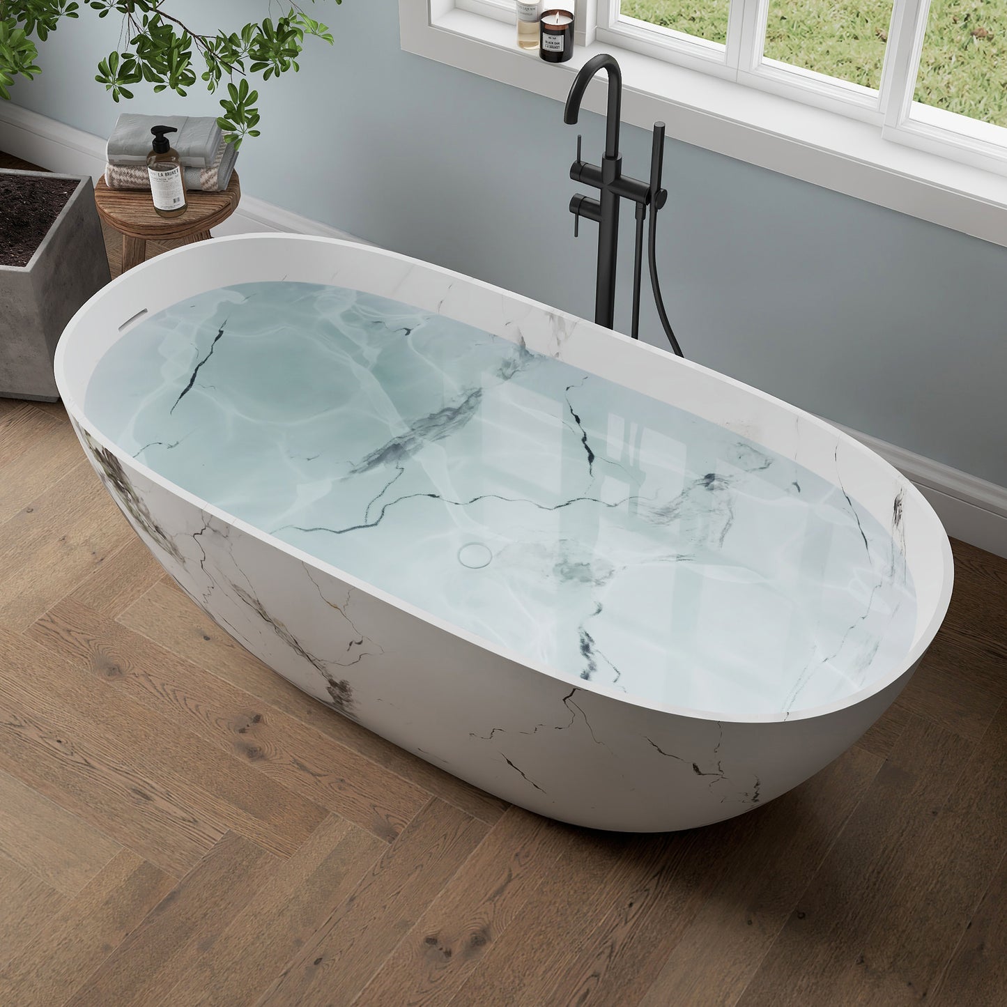 Medunjess 63'' White Marble Vein Solid Surface Stone Soaking Freestanding Bathtub