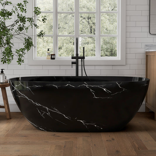 Medunjess 63'' Black Marble Vein Solid Surface Stone Soaking Freestanding Bathtub