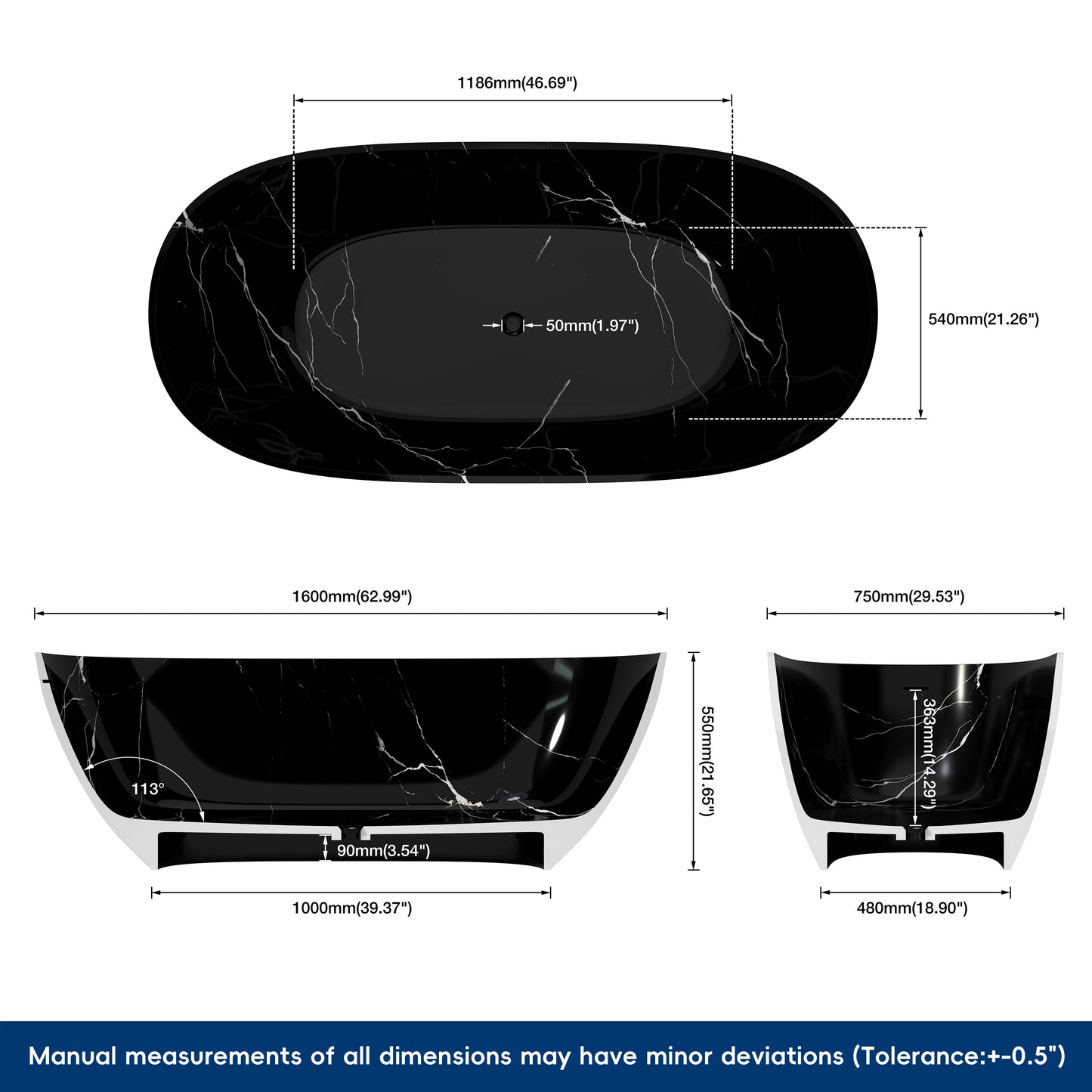 Black marble-patterned  bathtub with dimensions labeled on a white background