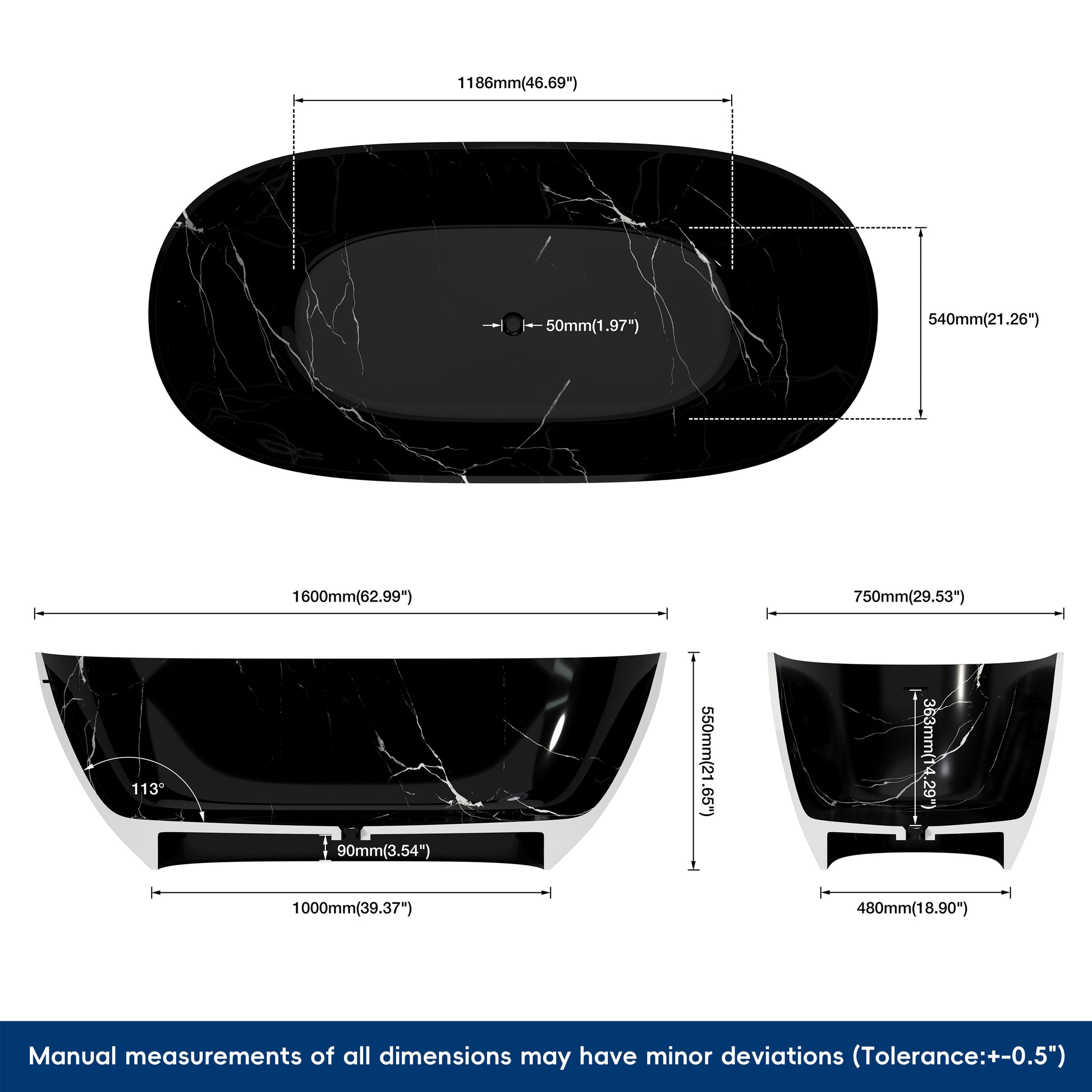 Black marble-patterned  bathtub with dimensions labeled on a white background